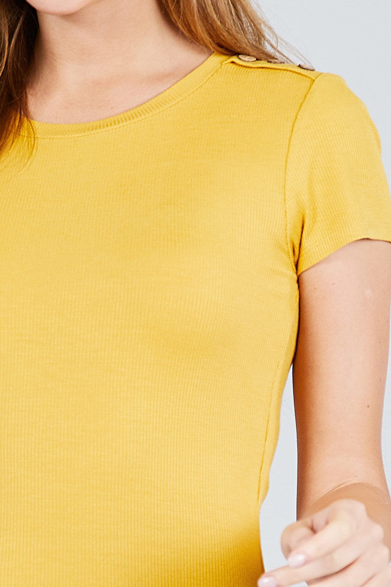 Short Sleeve Round Neck W/shoulder Button Down Rayon Spandex Rib Knit Top