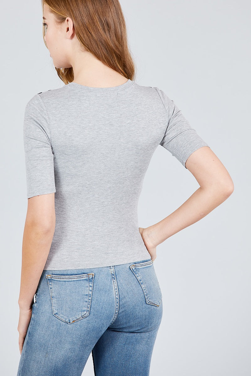 Elbow Sleeve Crew Neck W/shoulder Button Detail Rib Knit Top