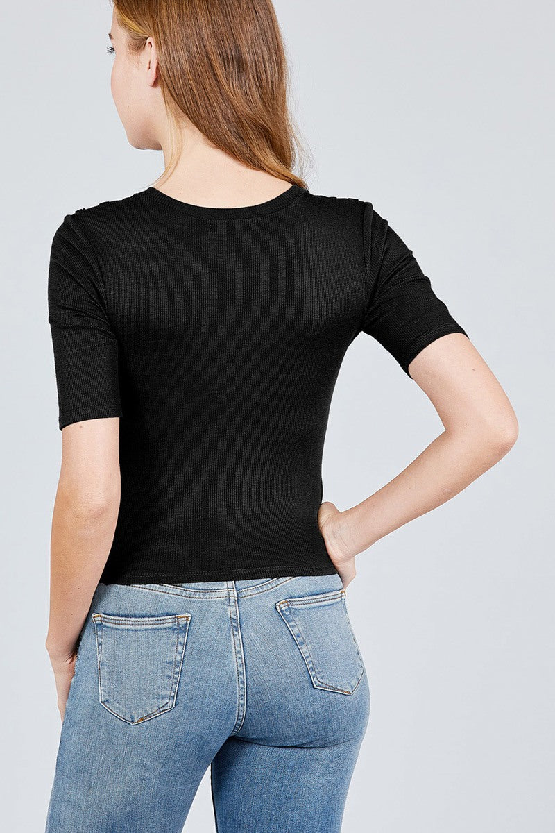 Elbow Sleeve Crew Neck W/shoulder Button Detail Rib Knit Top