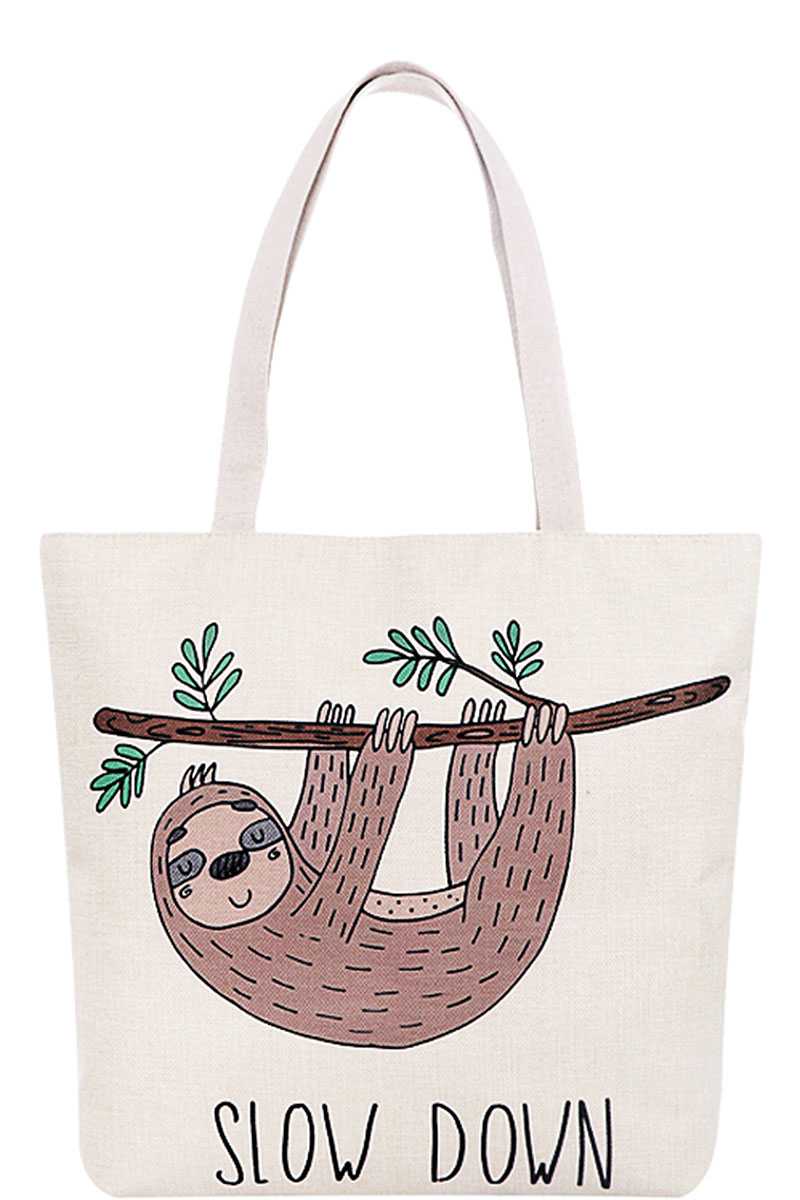 Slow Down Sloth Print Canvas Tote Bag