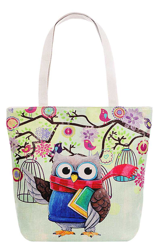Cute Owl Print Canvas Tote Bag