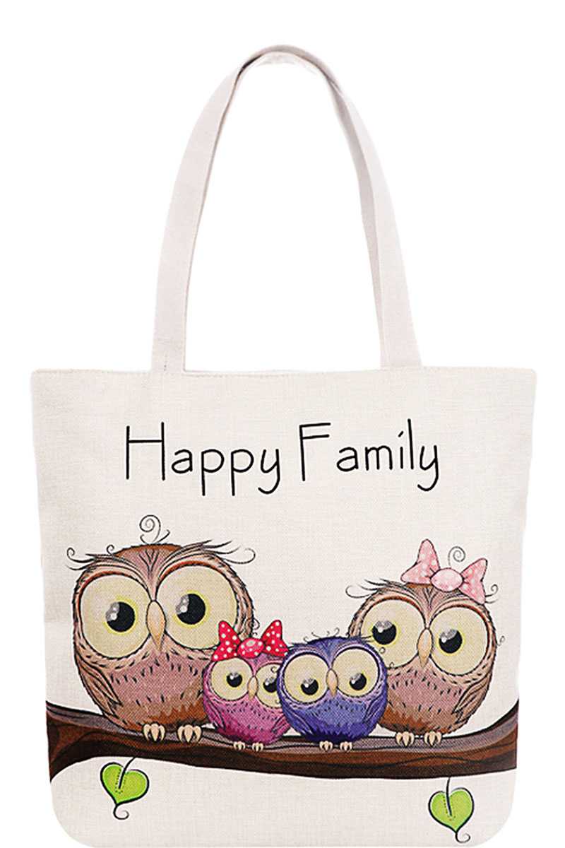 Cute 4 Owl Happy Family Cartoon Print Canvas Tote Bag