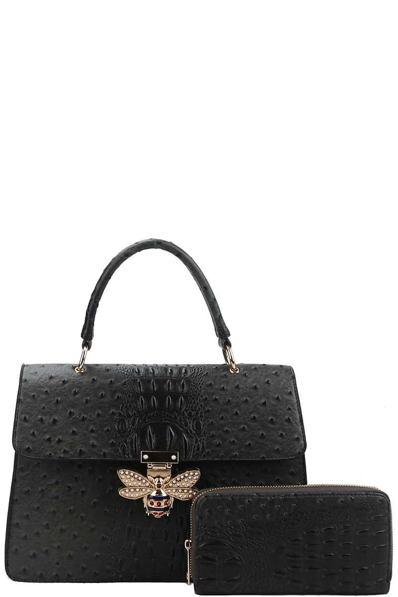 Stylish Insect Buckle Satchel With Matching Wallet