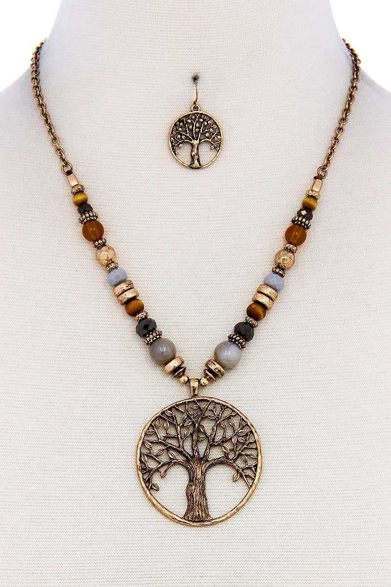 Trendy Bead And Tree Pendant Necklace And Earring Set