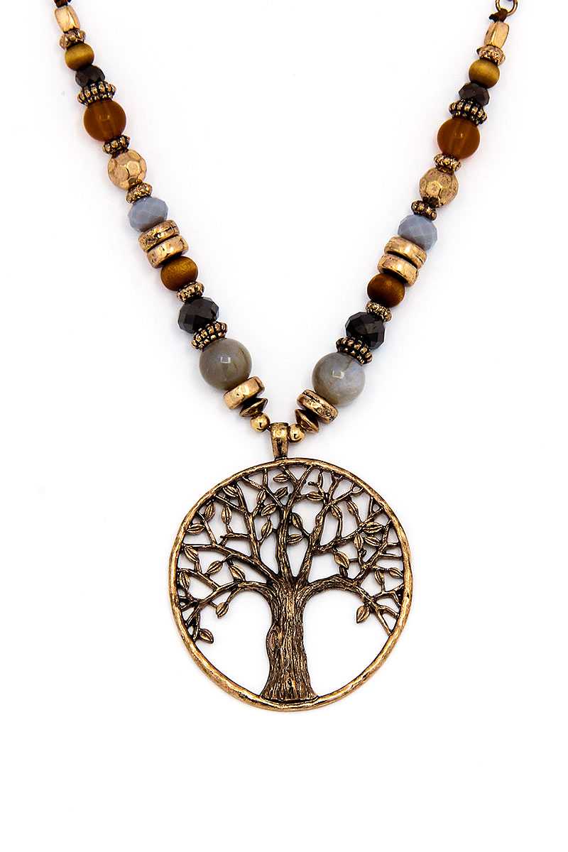Trendy Bead And Tree Pendant Necklace And Earring Set
