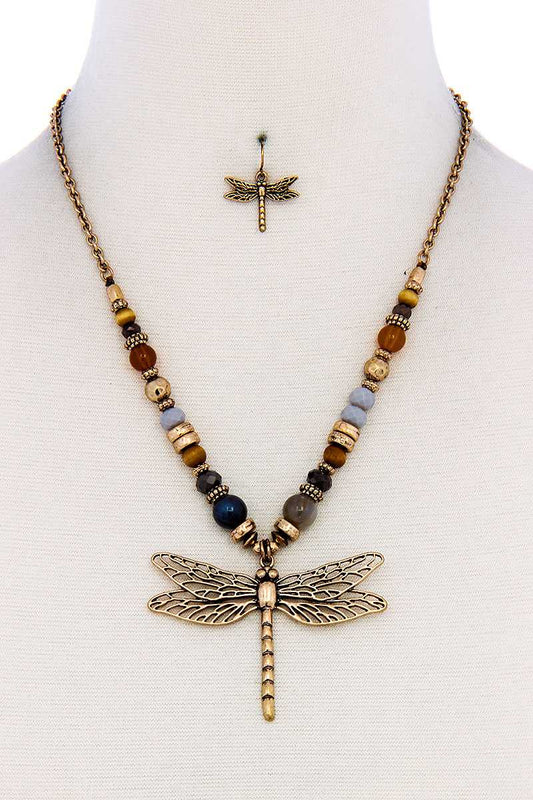 Fashion Bead Dragonfly Pendant Necklace And Earring Set