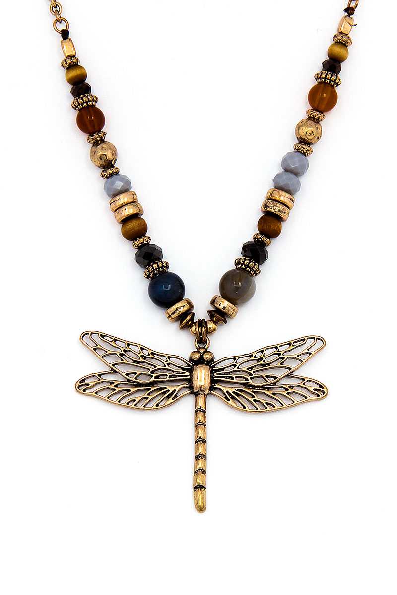 Fashion Bead Dragonfly Pendant Necklace And Earring Set
