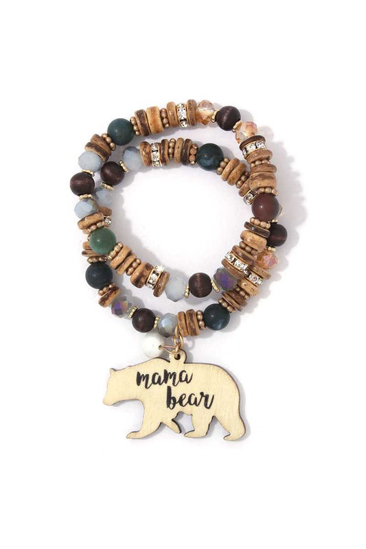 Mama Bear Charm Beaded Stretch Bracelet Set
