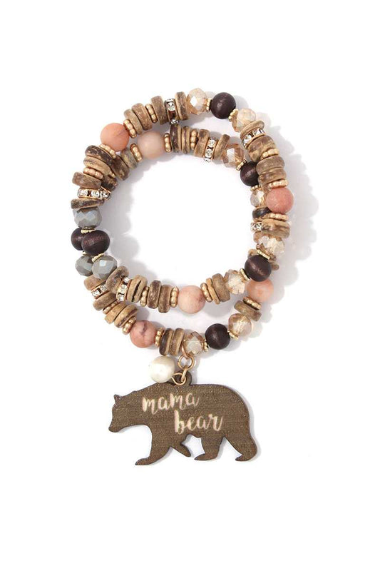 Mama Bear Charm Beaded Stretch Bracelet Set