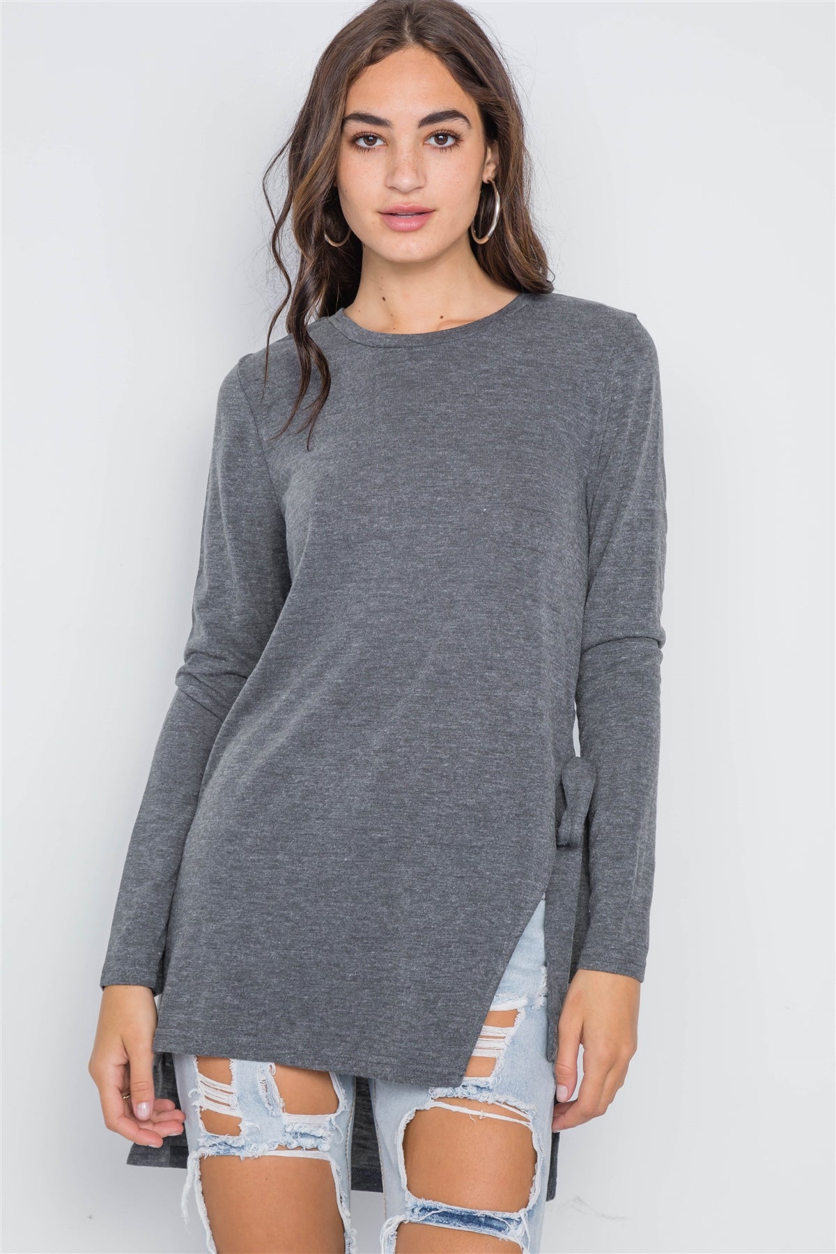 Charcoal Knit High-low Side-tie Sweater
