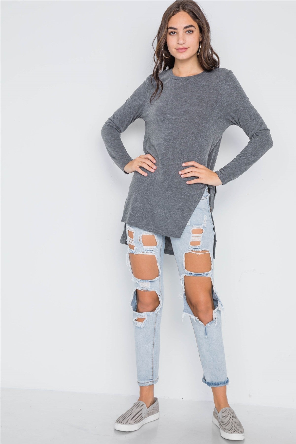 Charcoal Knit High-low Side-tie Sweater