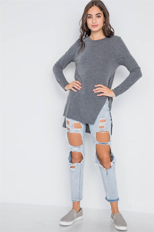 Charcoal Knit High-low Side-tie Sweater