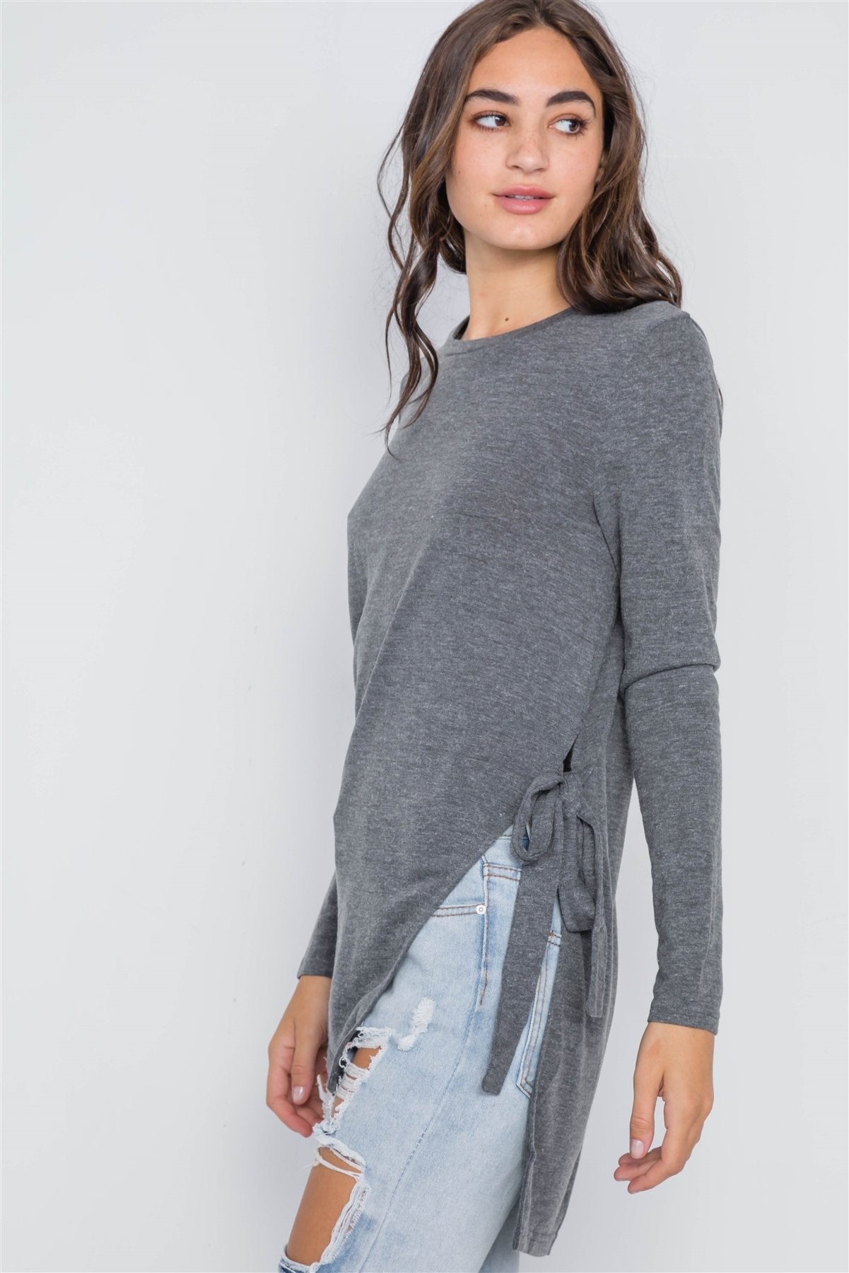Charcoal Knit High-low Side-tie Sweater