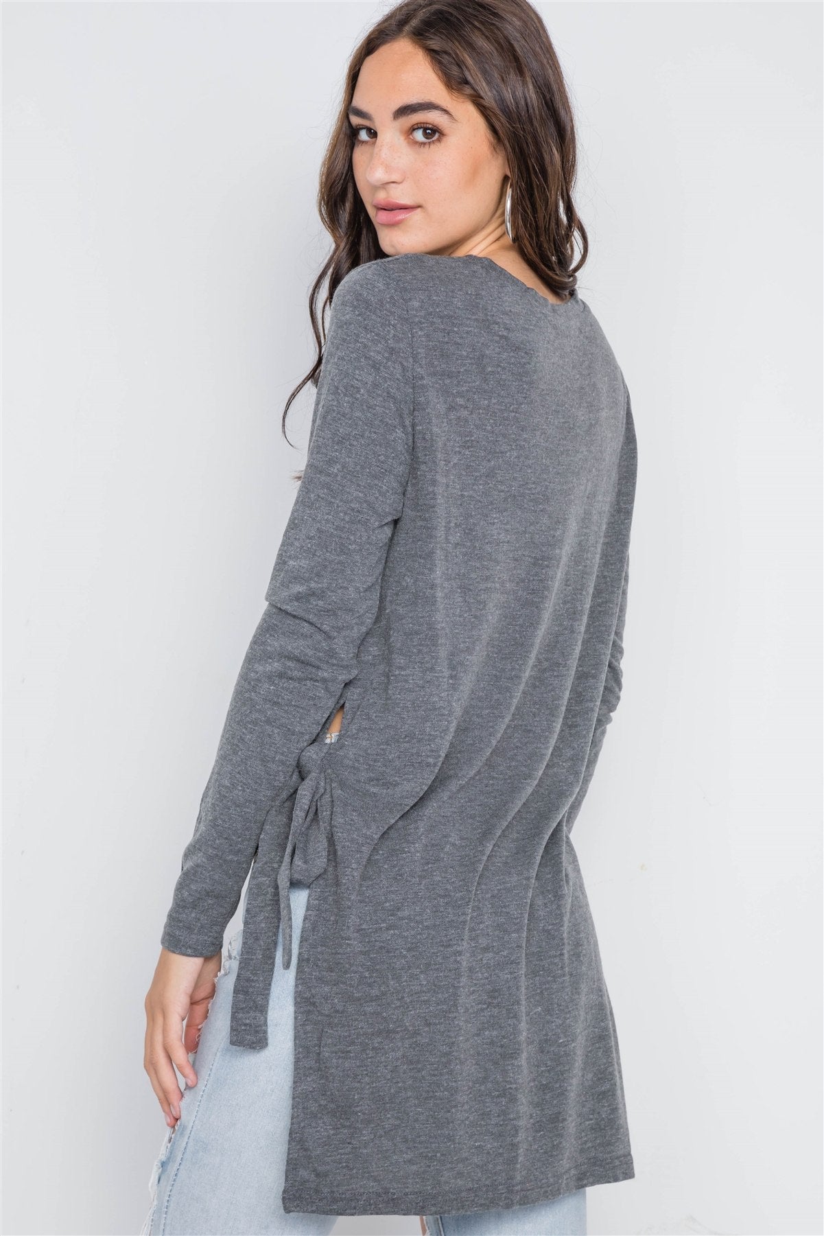 Charcoal Knit High-low Side-tie Sweater