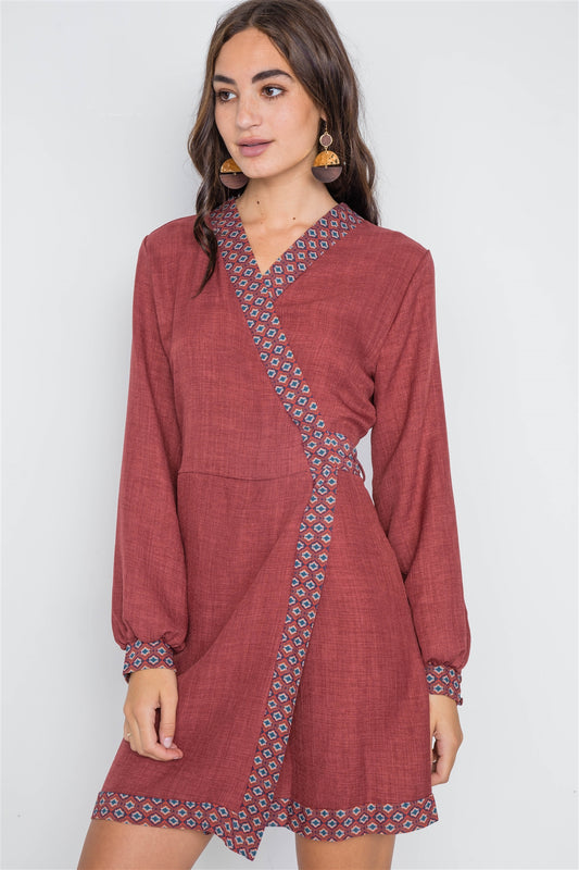 Rust Contrast Trim Long Sleeve Wrap Dress