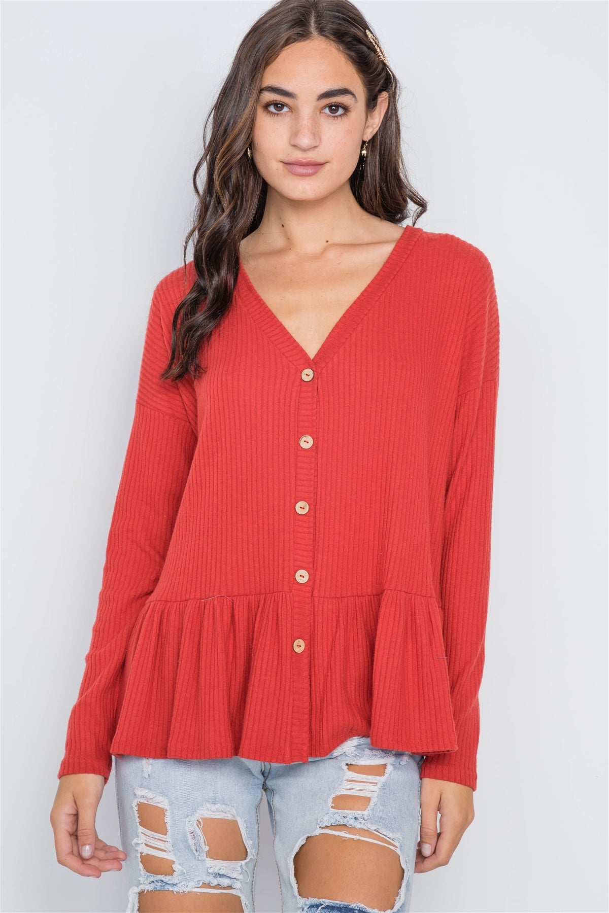 Orange Red Ribbed Long Sleeve Button Front Sweater
