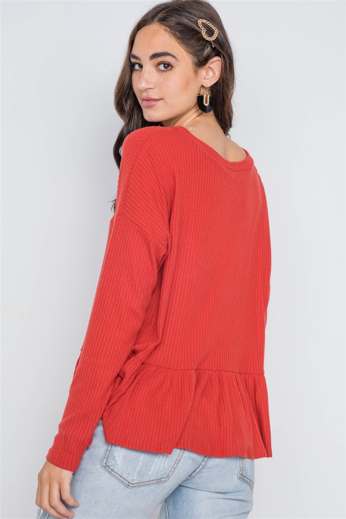Orange Red Ribbed Long Sleeve Button Front Sweater
