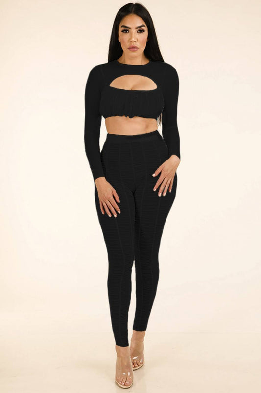 Shirred Mesh Top & Ruched Mesh Leggings Set