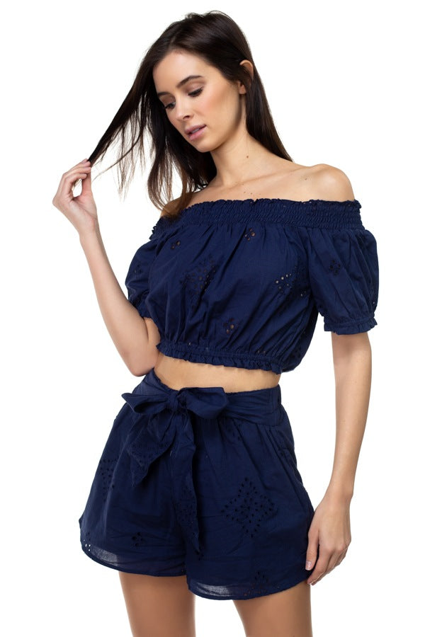 Smocked Off Shoulder Top & High Waist Eyelet Shorts Set