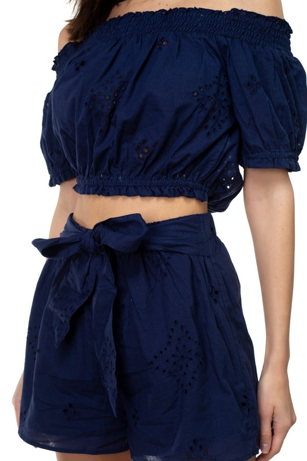 Smocked Off Shoulder Top & High Waist Eyelet Shorts Set