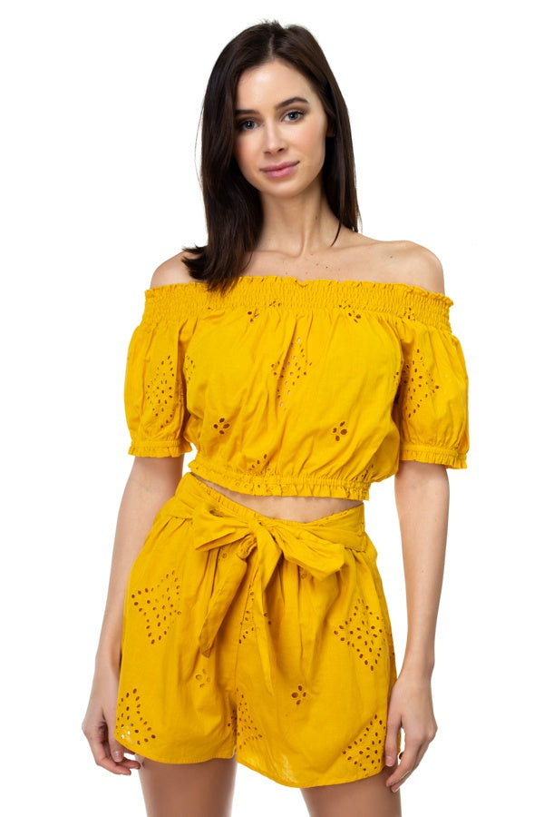 Smocked Off Shoulder Top & High Waist Eyelet Shorts Set