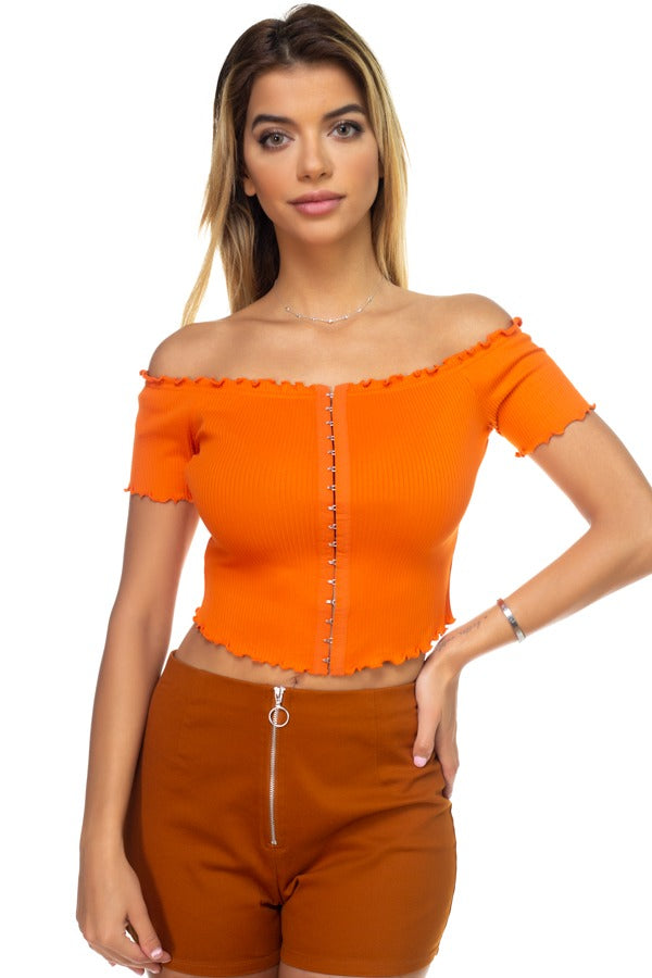 Hook & Eye Ribbed Off The Shoulder Top