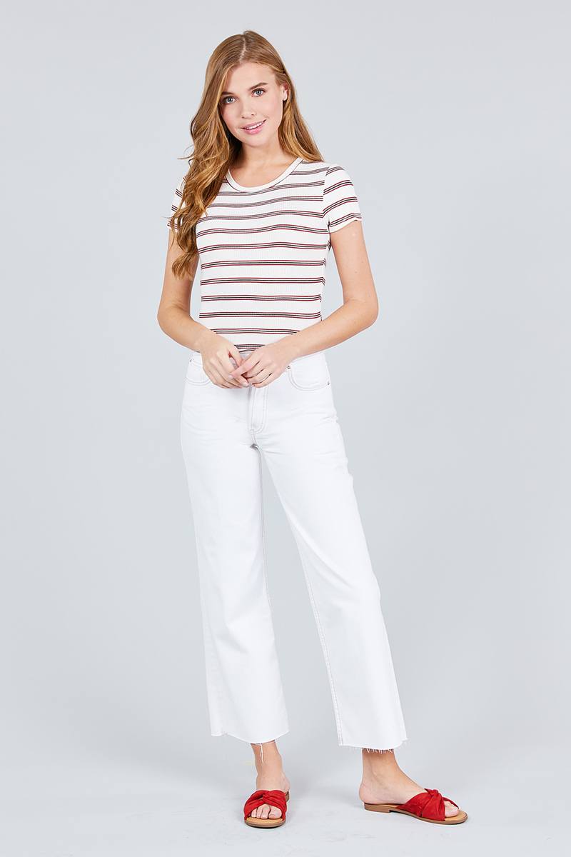 Short Sleeve Round Neck Multi Stripe Rib Knit Top