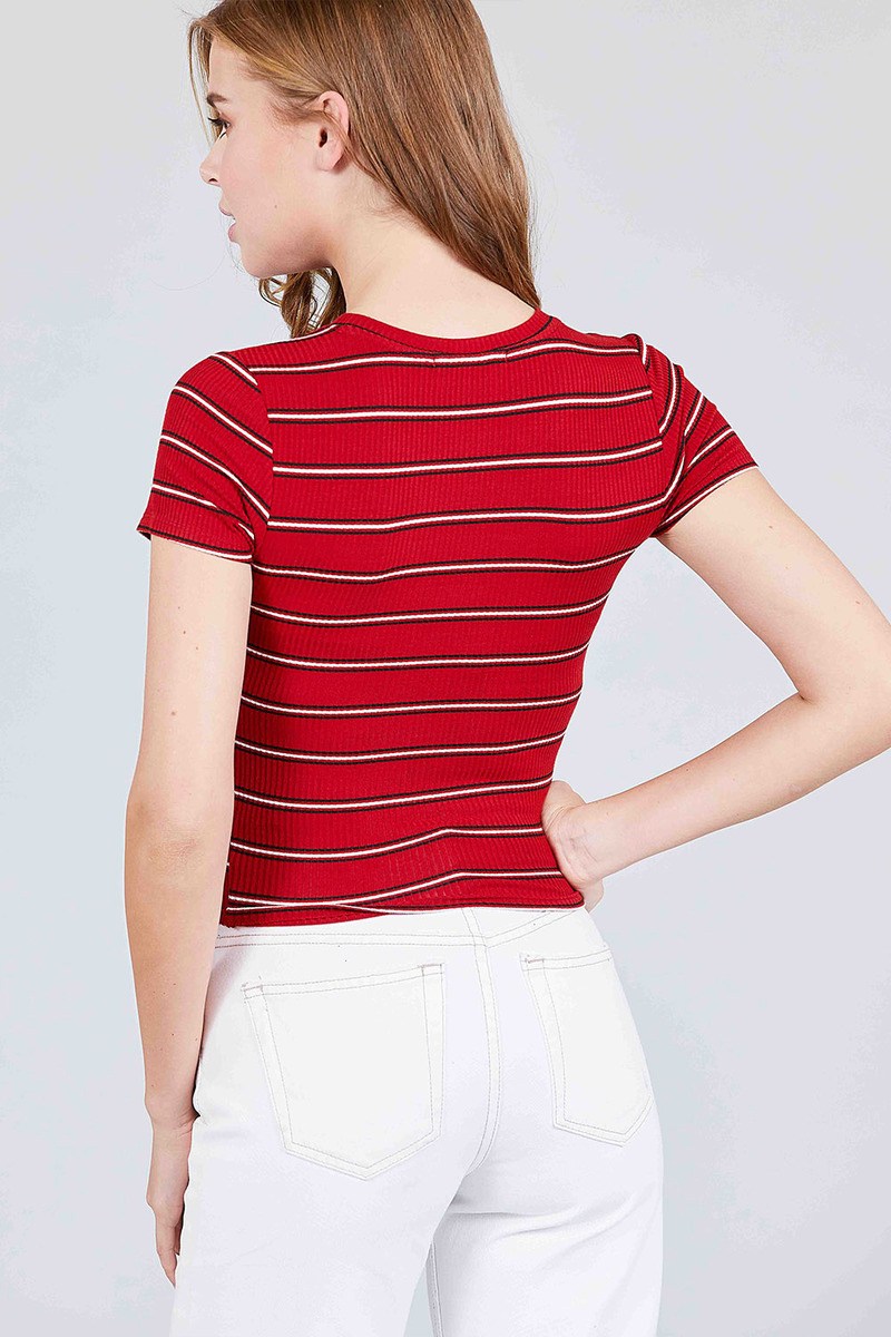 Short Sleeve Round Neck Multi Stripe Rib Knit Top