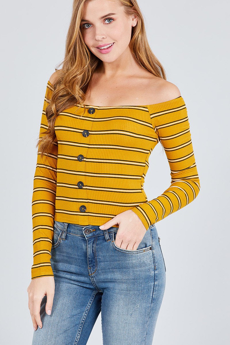 Long Sleeve Off The Shoulder Neckline Button Down Multi Stripe Rib Knit Top