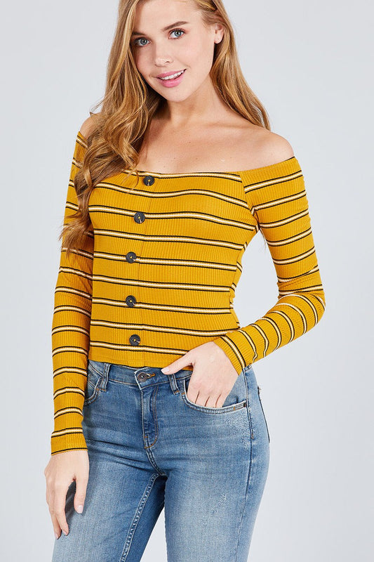 Long Sleeve Off The Shoulder Neckline Button Down Multi Stripe Rib Knit Top