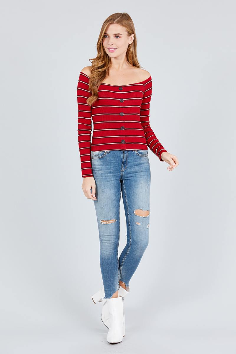 Long Sleeve Off The Shoulder Neckline Button Down Multi Stripe Rib Knit Top