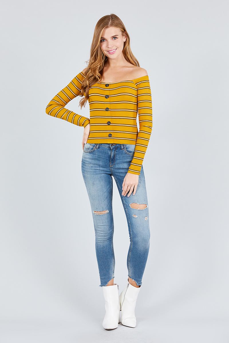 Long Sleeve Off The Shoulder Neckline Button Down Multi Stripe Rib Knit Top