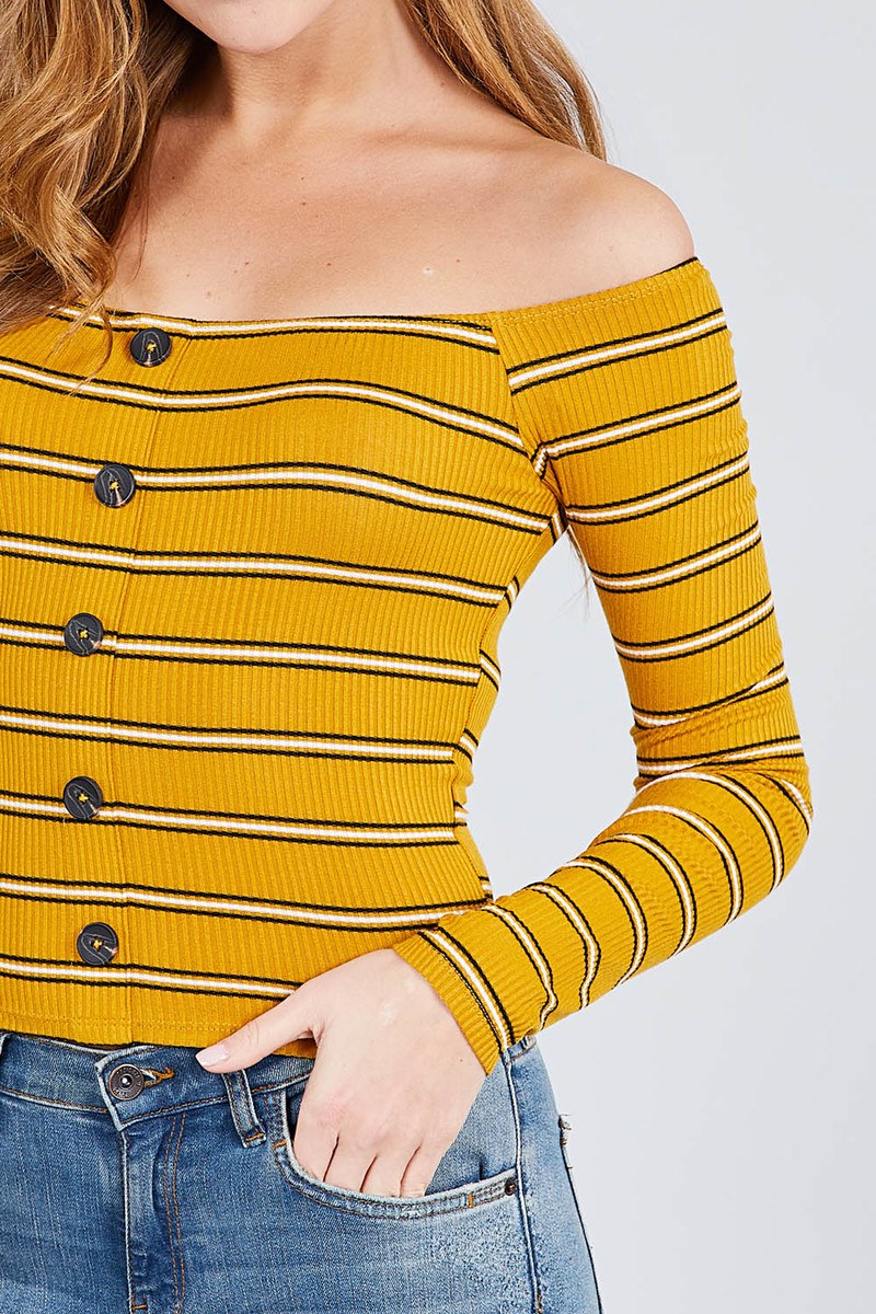 Long Sleeve Off The Shoulder Neckline Button Down Multi Stripe Rib Knit Top