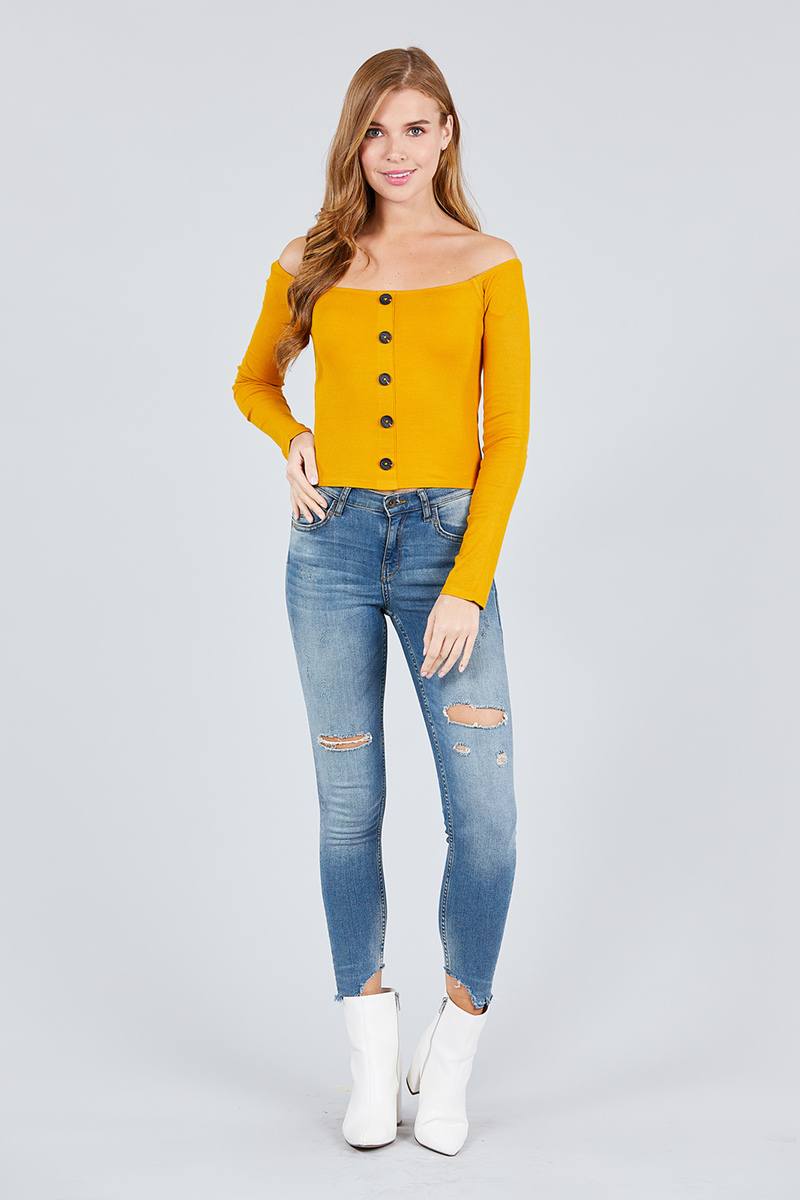 Long Sleeve Off The Shoulder Button Down Rayon Spandex Rib Knit Top