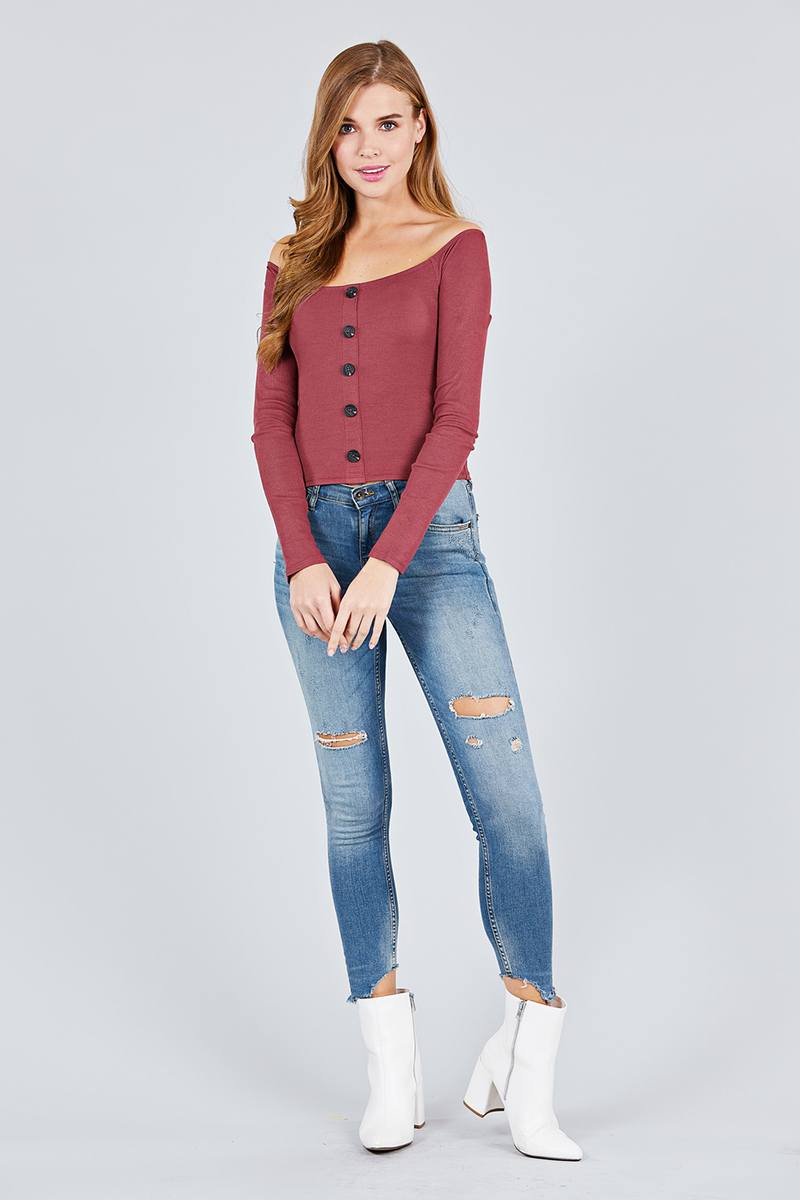 Long Sleeve Off The Shoulder Button Down Rayon Spandex Rib Knit Top