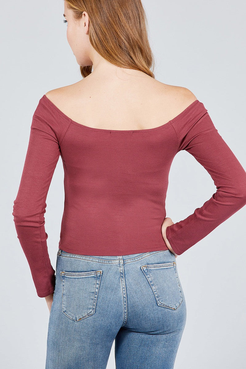 Long Sleeve Off The Shoulder Button Down Rayon Spandex Rib Knit Top