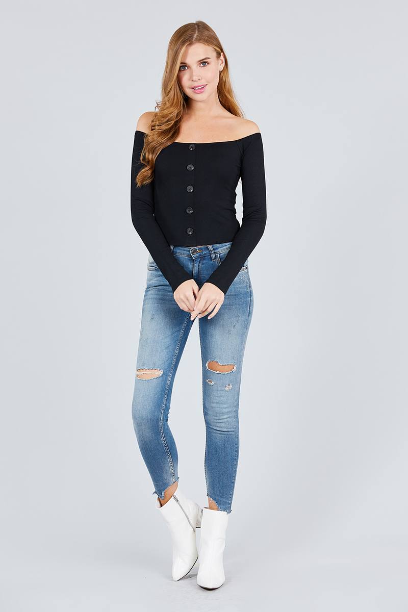 Long Sleeve Off The Shoulder Button Down Rayon Spandex Rib Knit Top