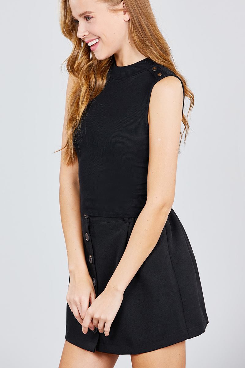 Sleeveless Mock Neck W/shoulder Button Detail Rayon Spandex Rib Crop Knit Top