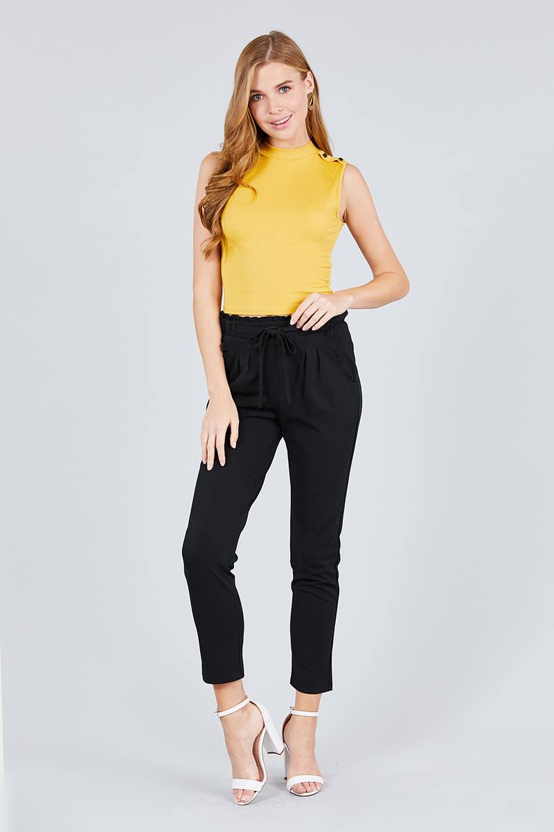 Sleeveless Mock Neck W/shoulder Button Detail Rayon Spandex Rib Crop Knit Top