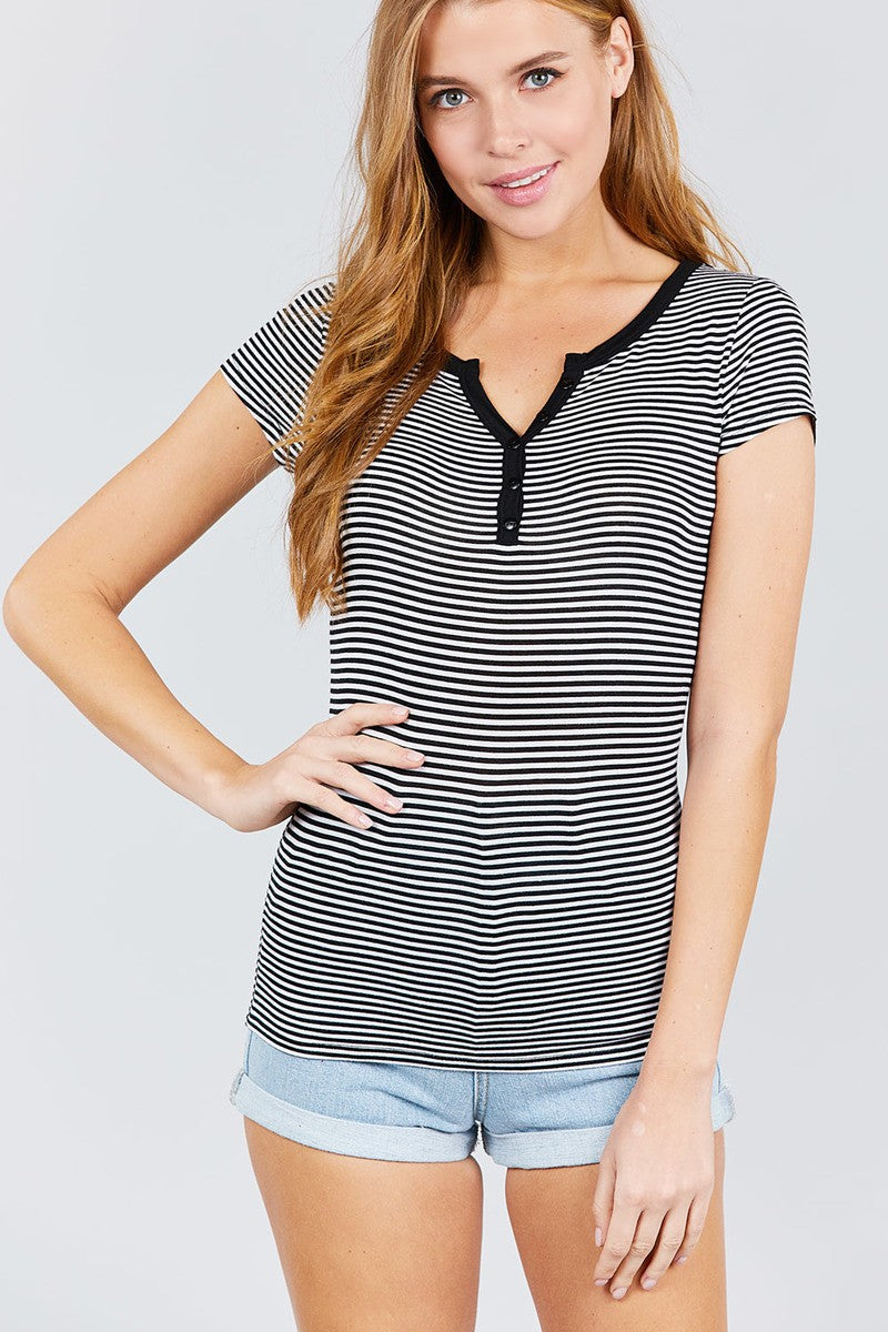 Short Sleeve Contrast Henley Neck Stripe Rayon Spandex Knit Top