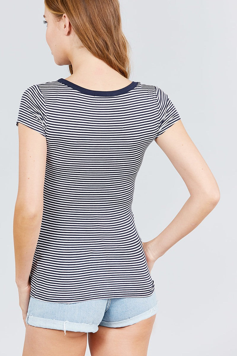Short Sleeve Contrast Henley Neck Stripe Rayon Spandex Knit Top