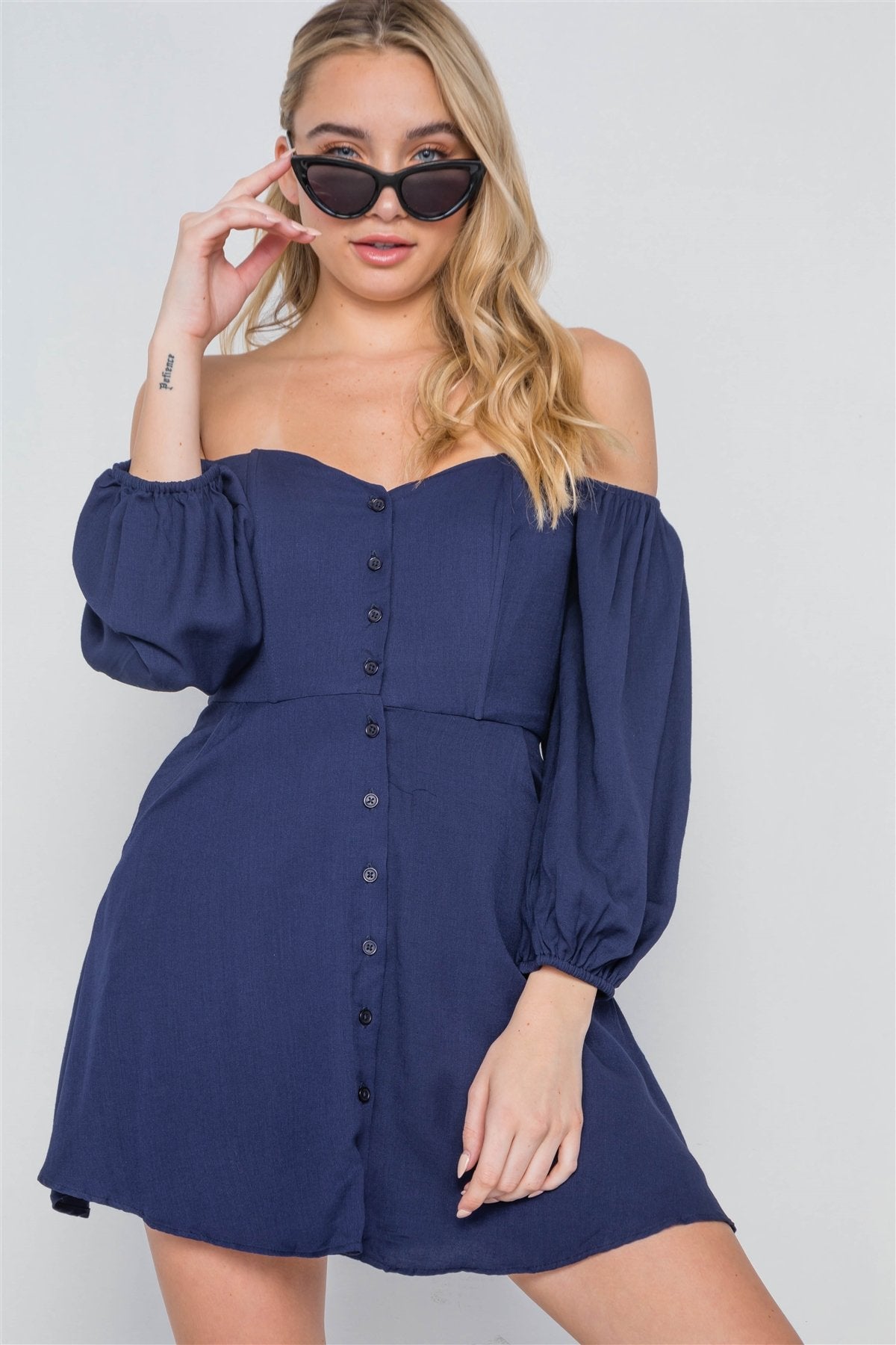 Off-the-shoulder Button Down Boho Mini Dress