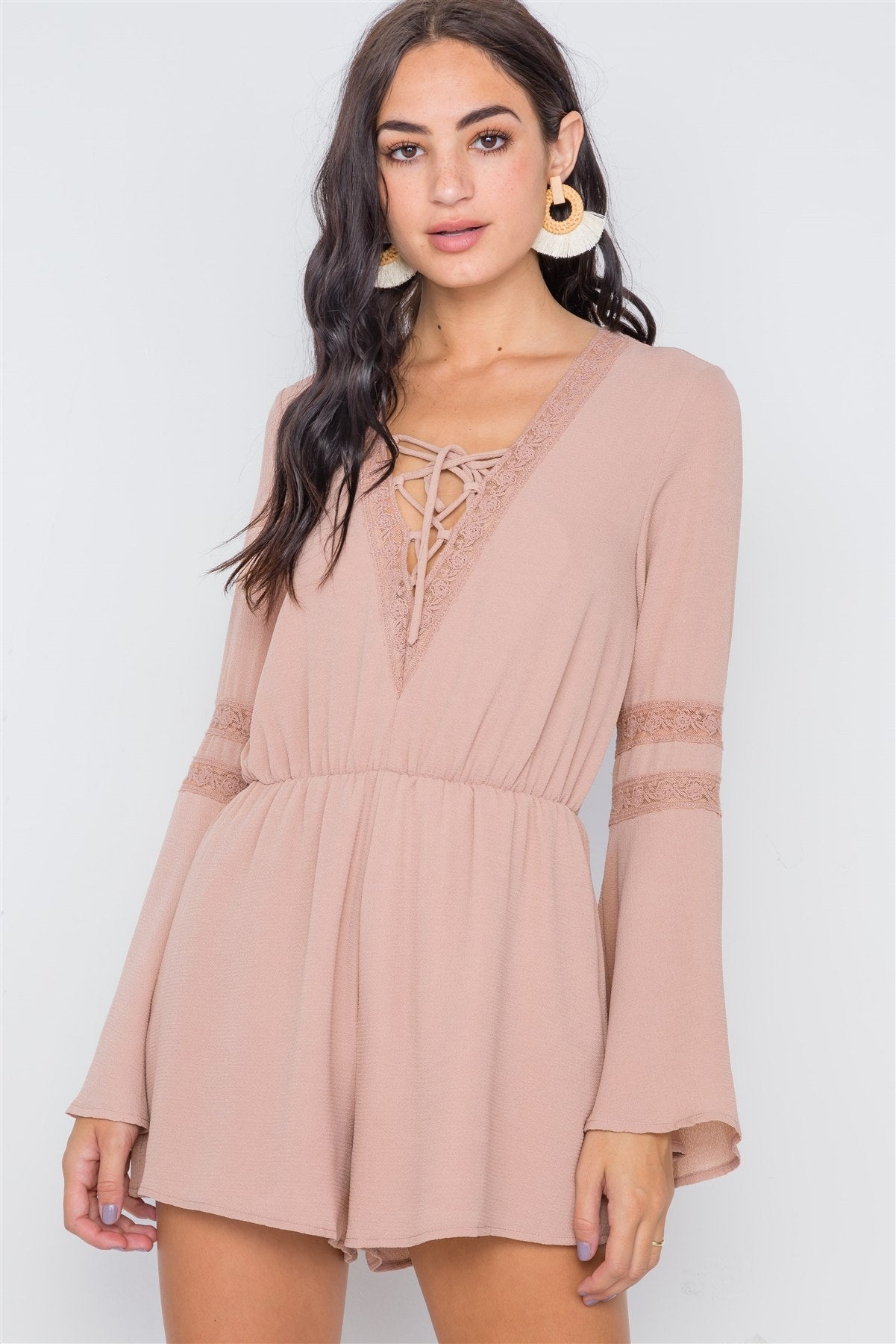 Crochet Bell Sleeve Lace-up Romper