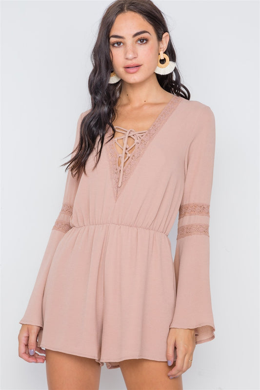 Crochet Bell Sleeve Lace-up Romper