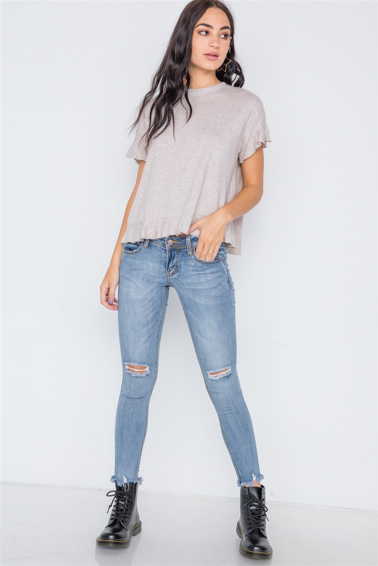 Short Sleeve Surplice Back Ruffle Knit Top