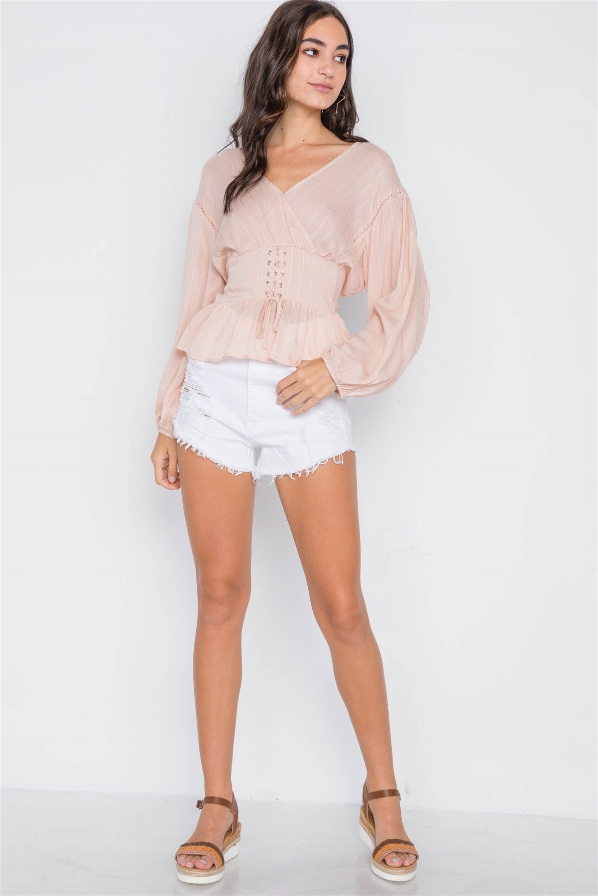 Blush Long Sleeve Lace Up Surplice Neck Top
