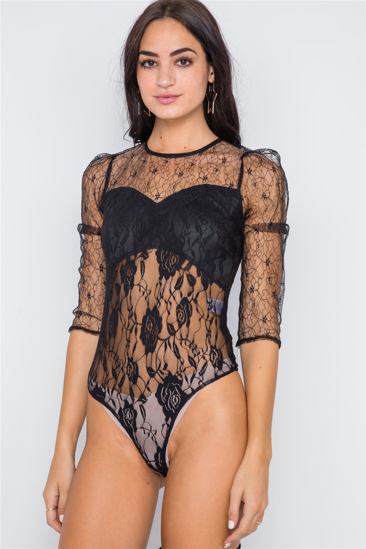 Floral Lace Combo Sheer Evening Bodysuit