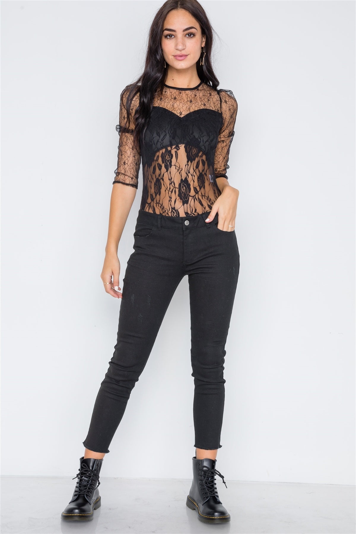 Floral Lace Combo Sheer Evening Bodysuit