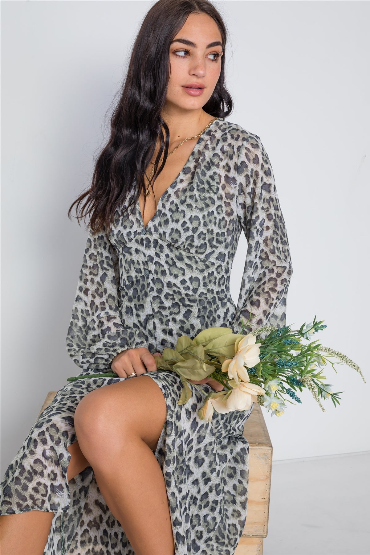 Olive Animal Print Chiffon Long Sleeve Maxi Dress