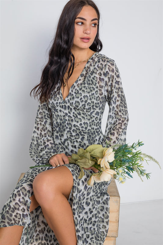 Olive Animal Print Chiffon Long Sleeve Maxi Dress